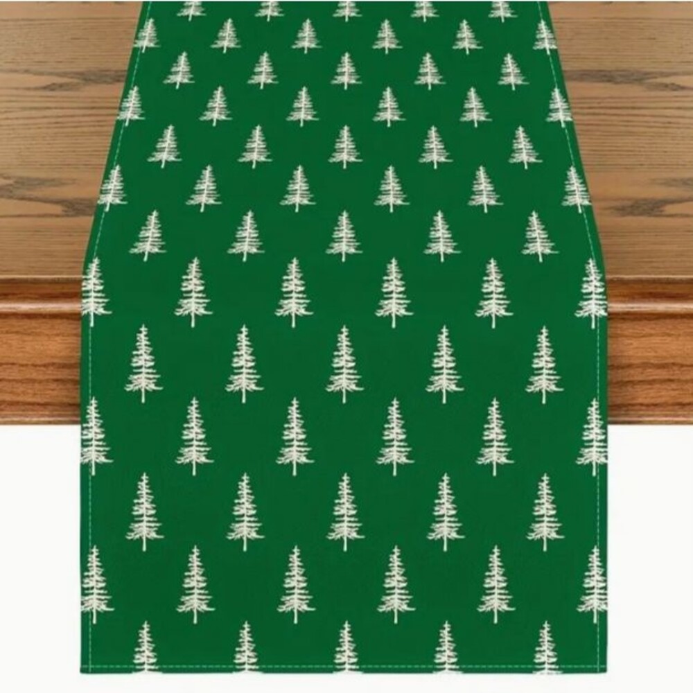 Christmas Table Runner 13x72in Green Linen Trees